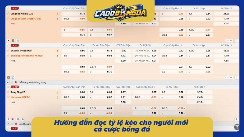 Bảng odds minh họa cách biến động tỷ lệ giữa các lựa chọn trong trận