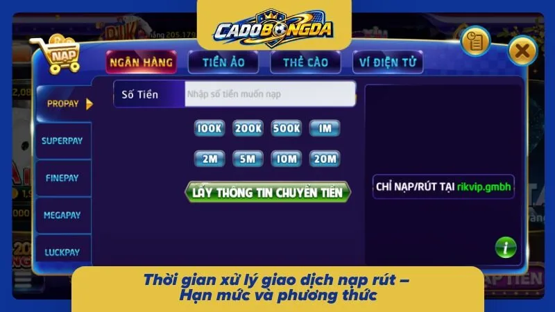 Thông tin giao dịch tập trung vào thời gian xử lý hạn mức cùng phương thức thanh toán