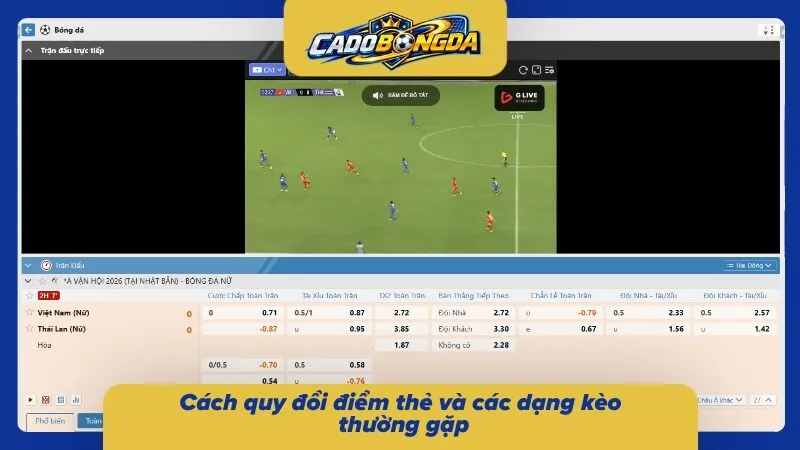 Các loại kèo thẻ được hiển thị rõ mức cược thưởng rõ ràng
