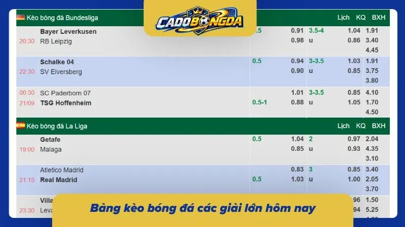Bảng tỷ lệ cược bóng đá các đấu trường danh giá hôm nay