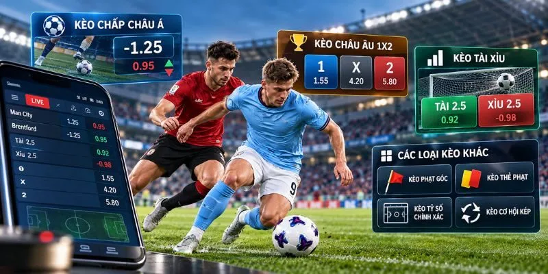 Các loại kèo bóng đá gồm kèo châu Á, 1X2 và tài xỉu